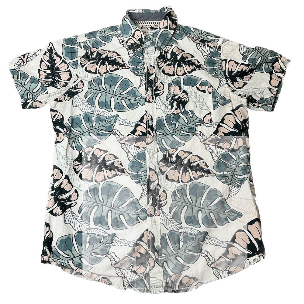 Free Planet Hawaiian Shirt Button Up White Green Floral Plants Mens S